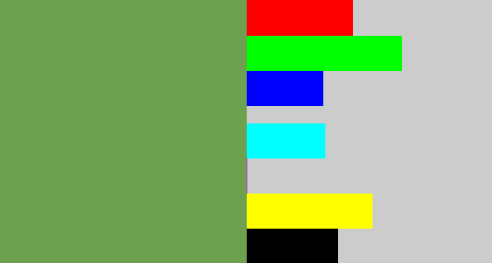 Hex color #6da04f - off green