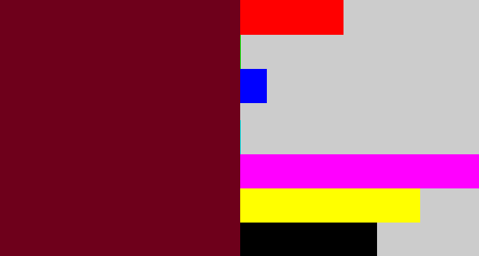 Hex color #6e001b - claret