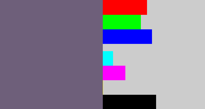 Hex color #6e5f7a - purplish grey