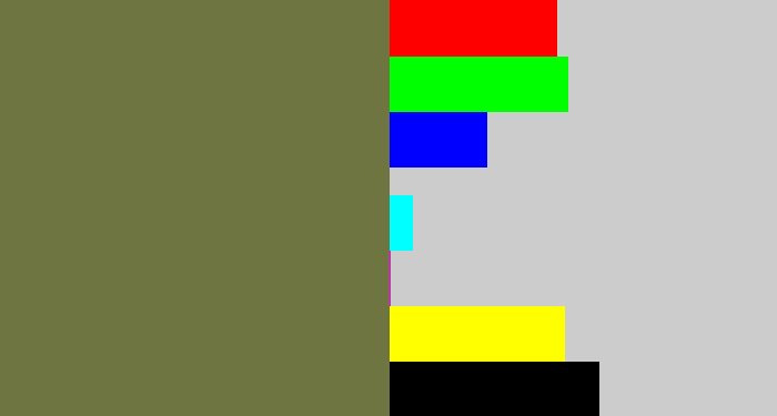 Hex color #6e7540 - military green