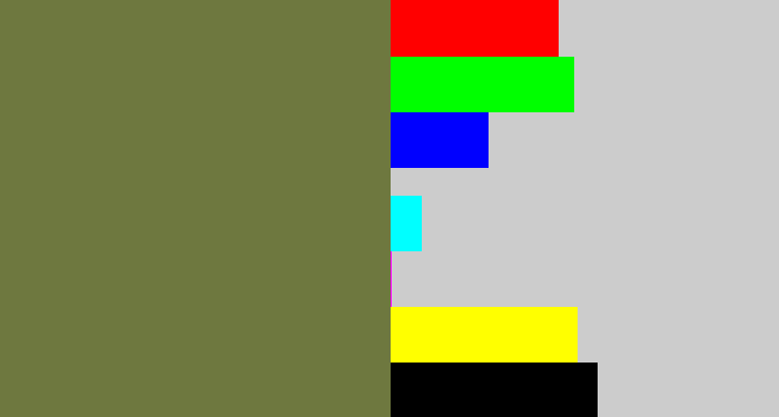 Hex color #6e783f - military green