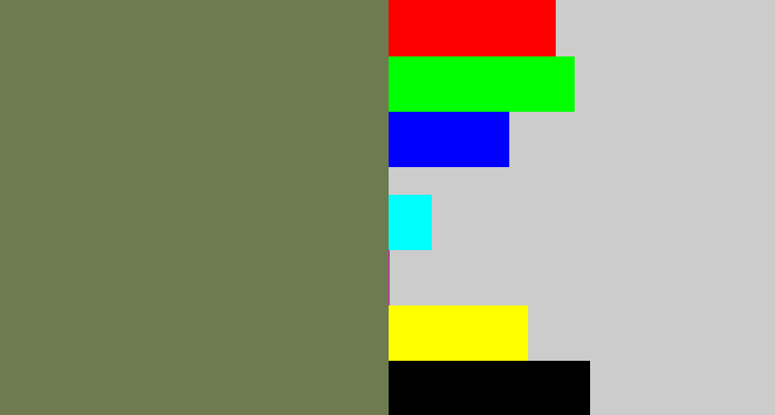 Hex color #6e7b4f - military green