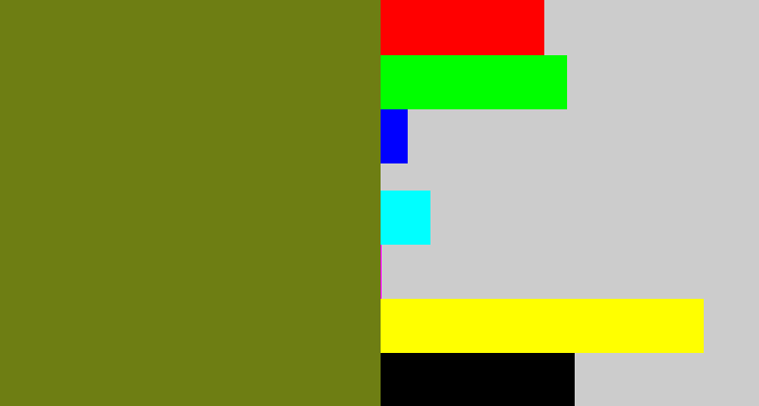 Hex color #6e7e13 - murky green