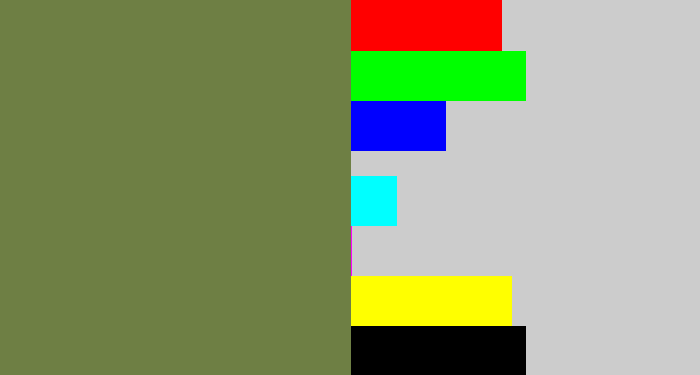 Hex color #6e7f44 - military green