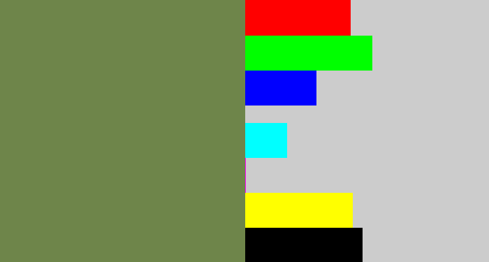 Hex color #6e854a - military green