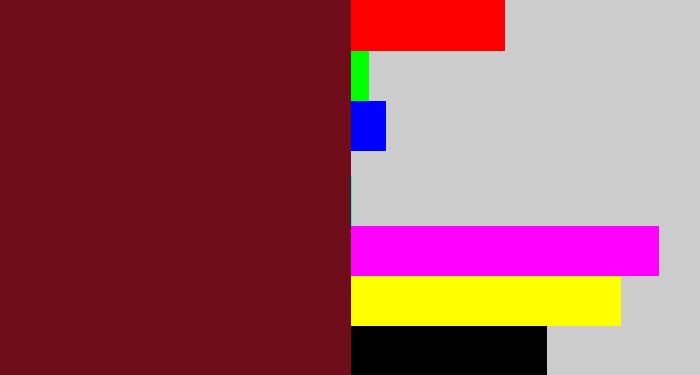 Hex color #6f0d1a - claret