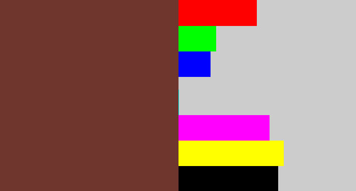 Hex color #6f362e - purple brown