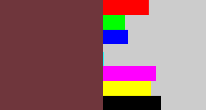 Hex color #6f363c - purple brown