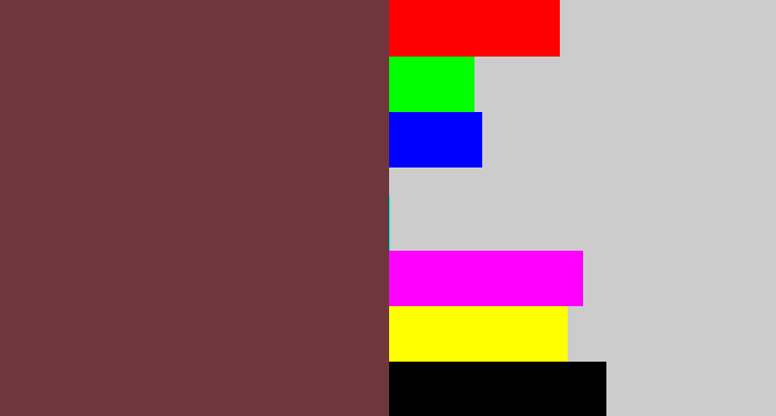 Hex color #6f373c - purple brown