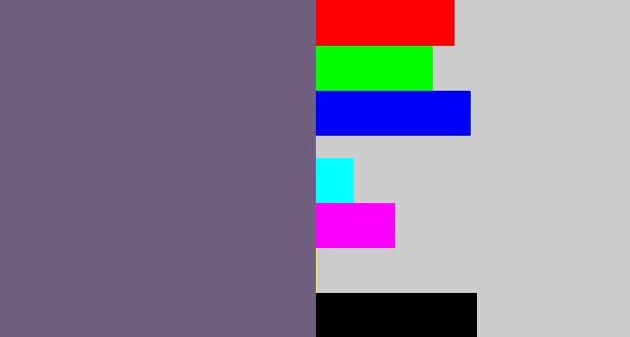 Hex color #6f5e7e - purplish grey