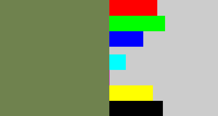 Hex color #6f824e - military green
