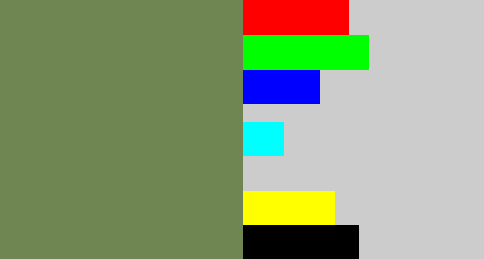 Hex color #6f8552 - drab green
