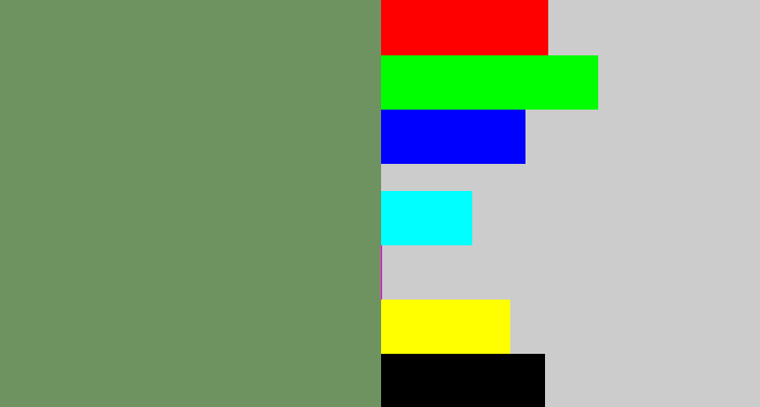 Hex color #6f9261 - moss