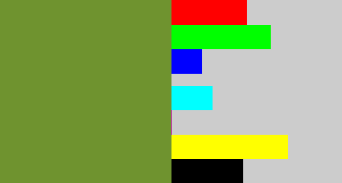 Hex color #6f932f - moss green