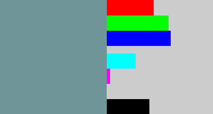 Hex color #6f9599 - bluish grey