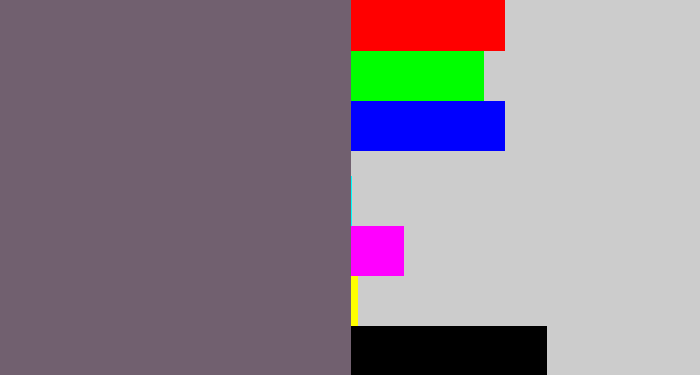 Hex color #71606f - purplish grey