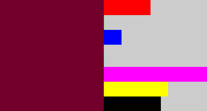 Hex color #72002b - bordeaux