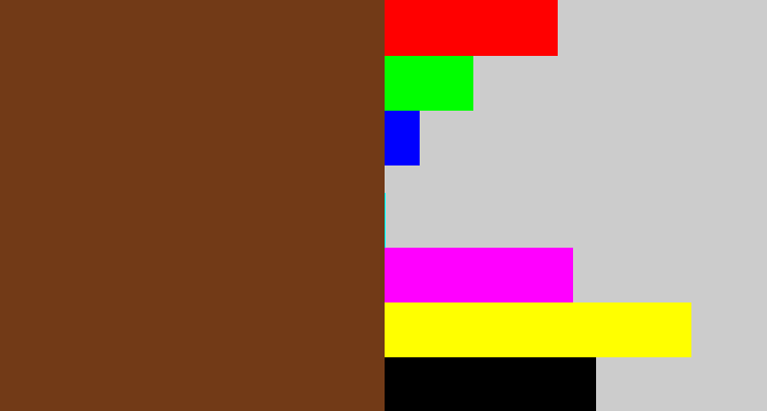 Hex color #723a17 - mud brown