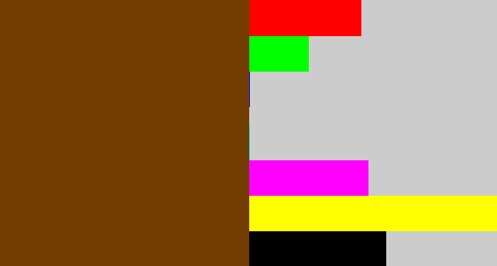 Hex color #733c00 - brown