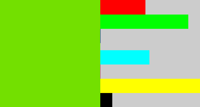 Hex color #73e000 - bright lime green