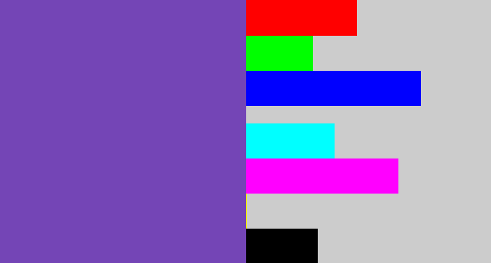 Hex color #7445b6 - bluey purple