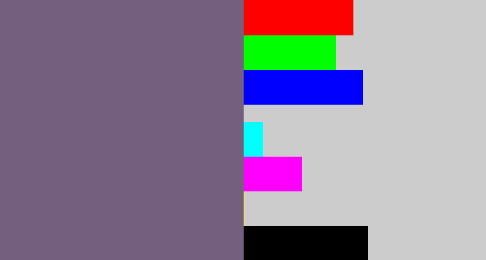 Hex color #74607e - purplish grey