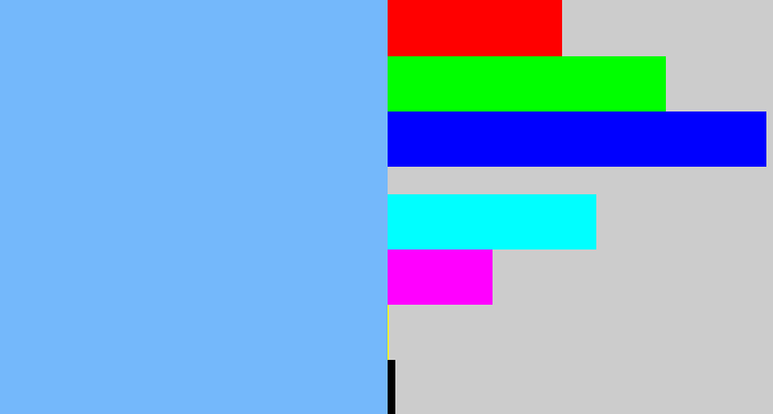 Hex color #74b8fb - sky blue