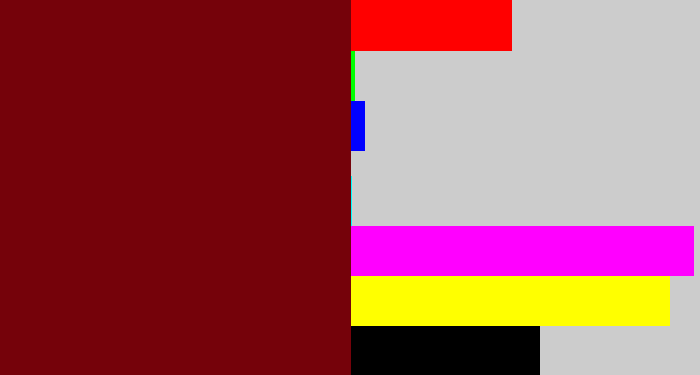 Hex color #75020a - blood