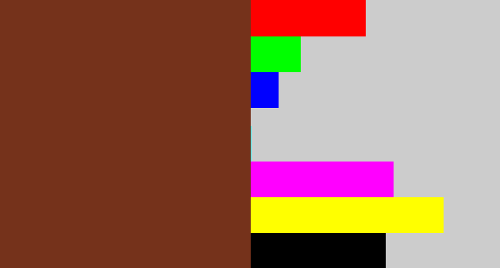 Hex color #75321b - reddish brown