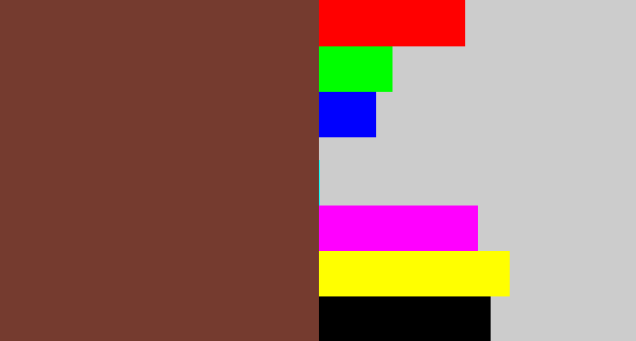 Hex color #753b2f - purple brown
