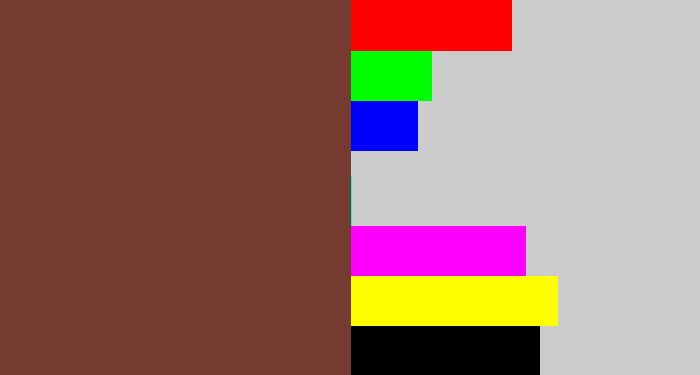 Hex color #753b30 - purple brown