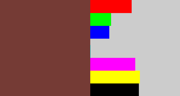 Hex color #753b35 - purple brown