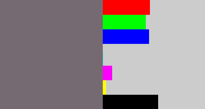 Hex color #756a72 - purplish grey