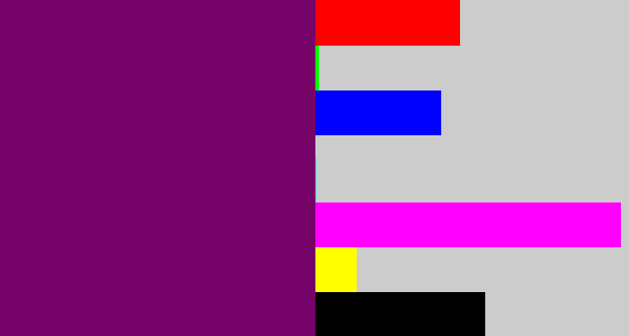 Hex color #760367 - rich purple