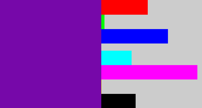 Hex color #7608a9 - purple