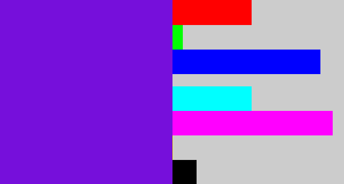 Hex color #760fdb - purply blue