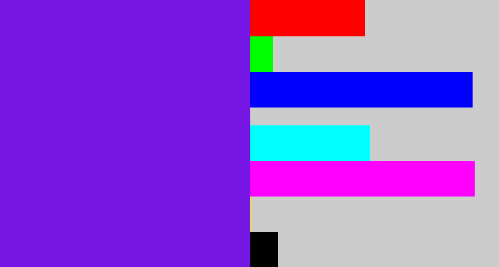 Hex color #7616e4 - purply blue