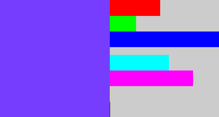 Hex color #763dff - bluish purple