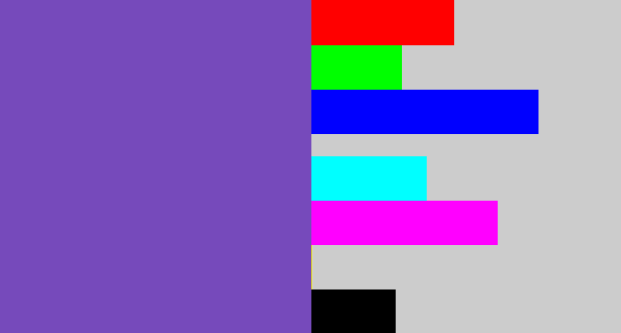 Hex color #764abb - bluey purple