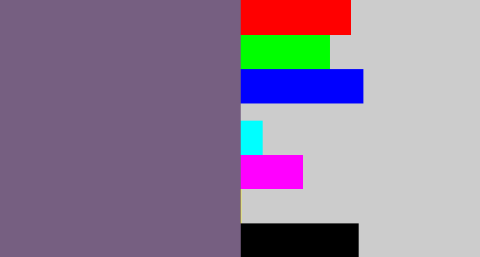 Hex color #765f81 - purplish grey