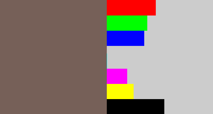 Hex color #766058 - greyish brown
