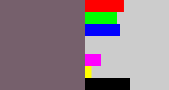 Hex color #76606c - purplish grey