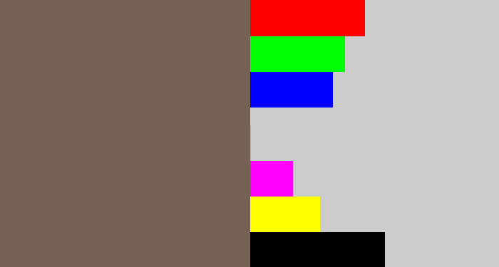Hex color #766255 - greyish brown
