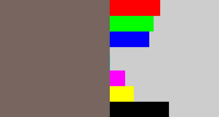 Hex color #76655c - greyish brown