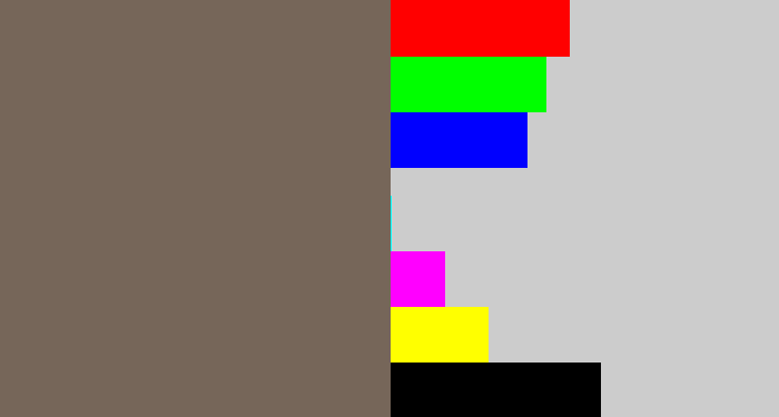 Hex color #766659 - greyish brown
