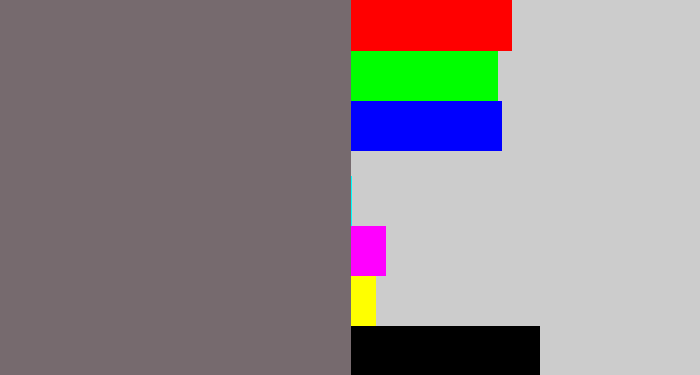 Hex color #766a6e - purplish grey