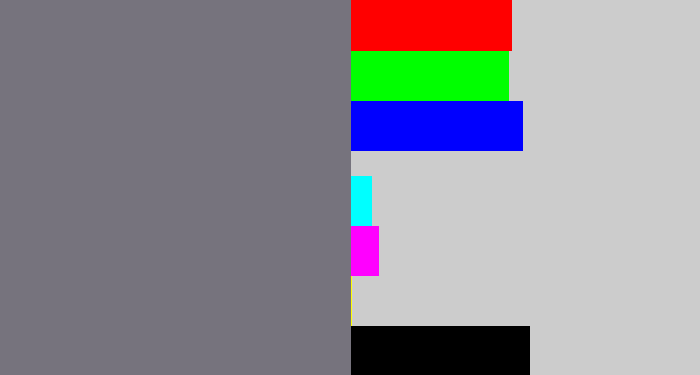 Hex color #76737d - purplish grey