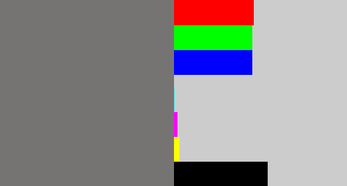 Hex color #767473 - medium grey