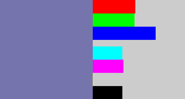 Hex color #7674ad - blue/grey