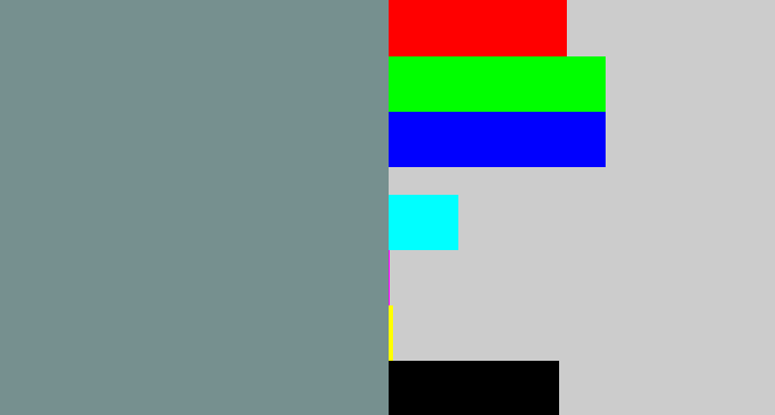 Hex color #76908f - bluish grey